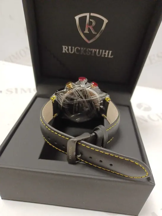 RUCKSTUHL BLACK TRIPLE DIAL LEATHER STRAP WRISTWATCH