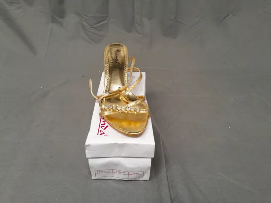 BOXED PAIR OF LAVANDA KITTEN HEELS WITH ANKLE TIE IN GOLD SIZE EU 40