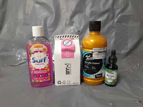 BOX OF APPROXIMATELY 15 ASSORTED ITEMS TO INCLUDE - SURF DISINFECTANT , SMOL WASHING UP LIQUID , ARCYLIC COLOUR ETC