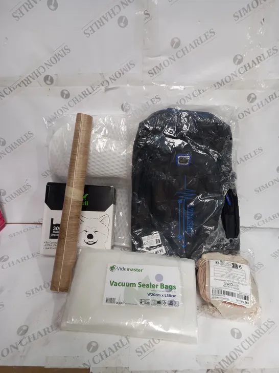 APPROXIMATELY 30 ASSORTED HOME ITEMS INCLUDING BLACK BACKPACK, SEAT BACK CUSHION, VACUUM SEALER BAGS