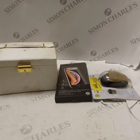 APPROXIMATELY 20 ASSORTED ITEMS TO INCLUDE JEWELLERY BOX. SCREEN PROTECTOR AND COMPUTER MOUSE