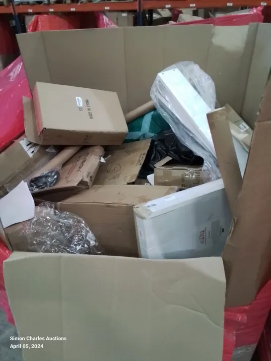 PALLET OF ASSORTED HOUSEHOLD GOODS AND PRODUCTS TO INCLUDE; BREAD BOXES, MINI EXERCISE STEPPER, AIR FRYER, BOXED FURNITURE ETC 