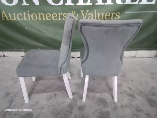 PAIR BEWLEY GREY VELVET BUTTONED BACK DINING CHAIRS WHITE LEGS