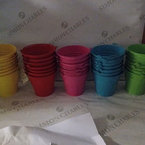 LOT OF 35 BRIGHT COLOURED MINI METAL BUCKETS