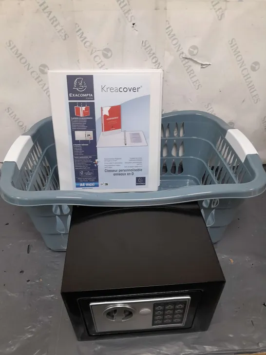 APPROXIMATELY 15 ASSORTED ITEMS TO INCLUDE LAUNDRY BASKET, SAFE, KREACOVERBINDER, ETC - COLLECTION ONLY