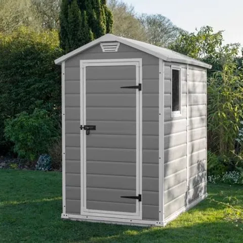 BOXED KETER MANOR 4FT W × 6FT D VERTICAL RESIN OUTDOOR GARDEN SHED