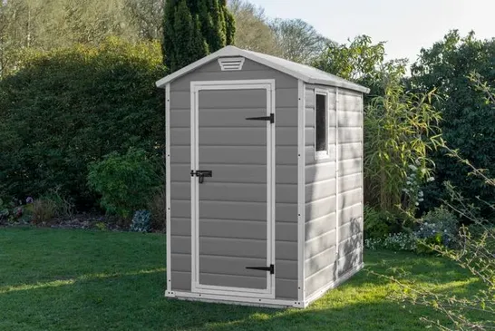 BOXED KETER MANOR 4FT W × 6FT D VERTICAL RESIN OUTDOOR GARDEN SHED