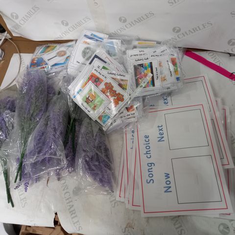 BOX OF APPROXIMATELY 14 ASSORTED HOUSEHOLD ITEMS TO INCLUDE ARTIFICIAL LAVENDER, BAGS OF LEARNING CARDS, LAMINATED PAPER