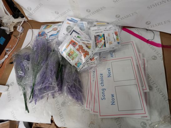 BOX OF APPROXIMATELY 14 ASSORTED HOUSEHOLD ITEMS TO INCLUDE ARTIFICIAL LAVENDER, BAGS OF LEARNING CARDS, LAMINATED PAPER