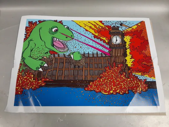 DINOSAUR TRASHES PARLIAMENT! SIGNED PRINT BY DIXON DOES DOODLES