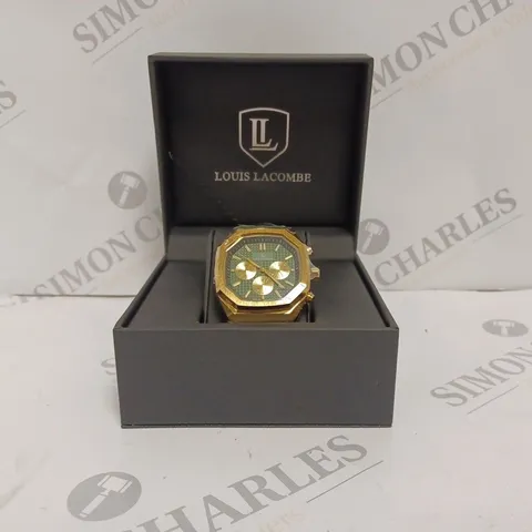 LOUIS LACOMBE MENS CHRONOGRAPH WATCH - YELLOW GOLD COLOURED BEZEL AND CASE - GREEN RUBBER STRAP - 3ATM WATER RESISTANT - DISPLAY BOX