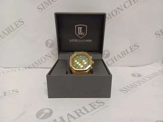 LOUIS LACOMBE MENS CHRONOGRAPH WATCH - YELLOW GOLD COLOURED BEZEL AND CASE - GREEN RUBBER STRAP - 3ATM WATER RESISTANT - DISPLAY BOX