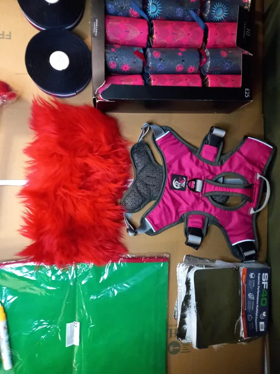 lot of assorted items which include dog harness, seasonal crackers, multifoil insulation 