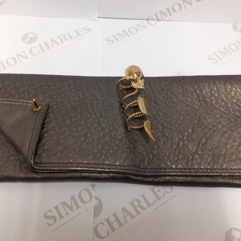 MAISON DU POSH LARGE SILVER CLUTCH BAG WITH GOLD SKULL RING HANDLE