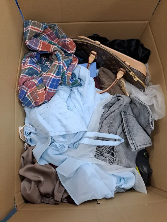 BOX OF APPROXIMATELY 20 ASSORTED CLOTHING ITEMS TO INCLUDE ZARA TROUSERS, SHEIN TOPS, JOYFUNEAR DRESS ETC