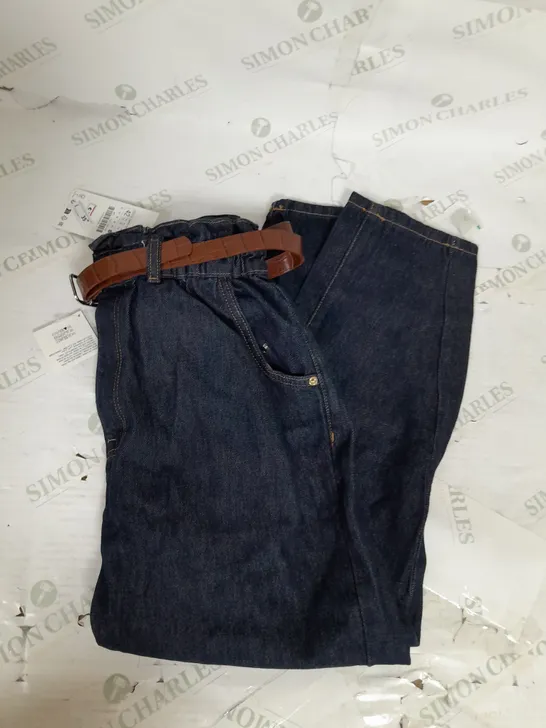 ZARA BELTED ELASTICATED PAPER BAG WAIST BAGGY FIT JEANS IN DARK BLUE SIZE 14