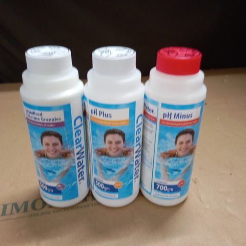 THREE CLEAR WATER WATER BALANCERS INCLUDE PH PLUS + MINUS AND CHLORINE GRANUALS