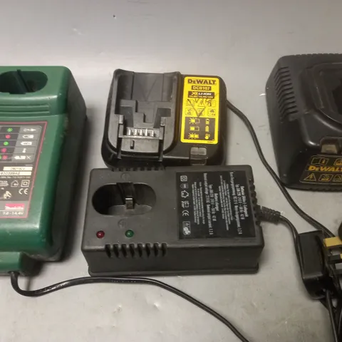 LOT OF 4 ASSORTED BATTERY CHARGERS TO INCLUDE DEWALT AND MAKITA