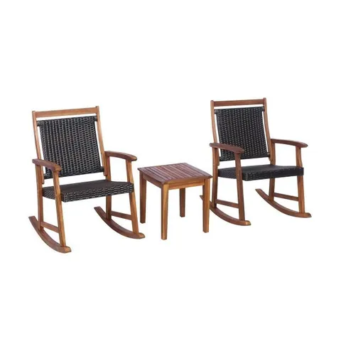 BOXED COSTWAY 3PCS PATIO RATTAN ROCKING CHAIR BISTRO SET ACACIA WOOD FRAME ARMREST