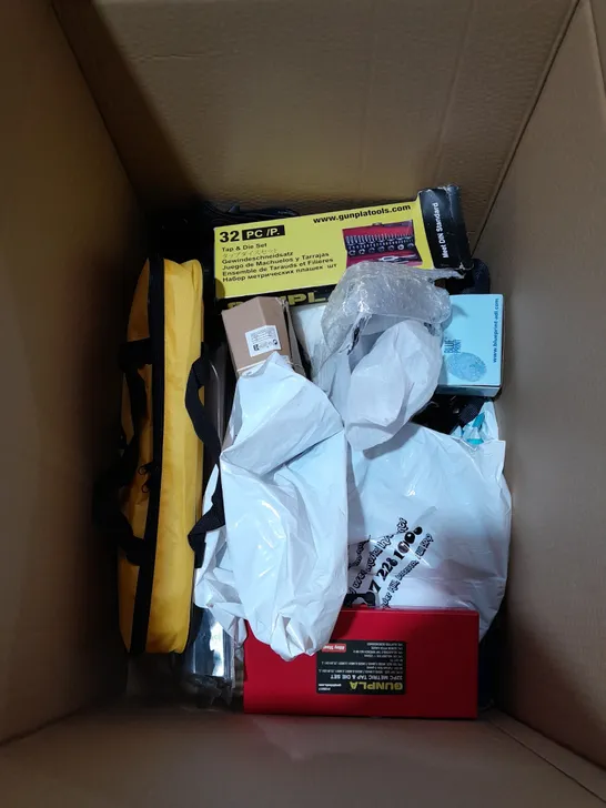 BOX OF APPROXIMATELY 10 ITEMS TO INCLUDE BIKER GLOVES, AA TRAVEL KIT, TAP & DIE SET ETC