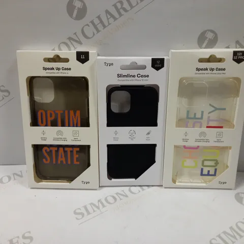 BOX OF APPROXIMATELY 50 TYPO PHONES CASES ('SLIMLINE CASE' & 'SPEAK UP CASE') FOR IPHONE 11, 12 MINI, 12/12PRO IN VARYING COLOURS