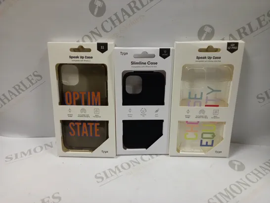 BOX OF APPROXIMATELY 50 TYPO PHONES CASES ('SLIMLINE CASE' & 'SPEAK UP CASE') FOR IPHONE 11, 12 MINI, 12/12PRO IN VARYING COLOURS