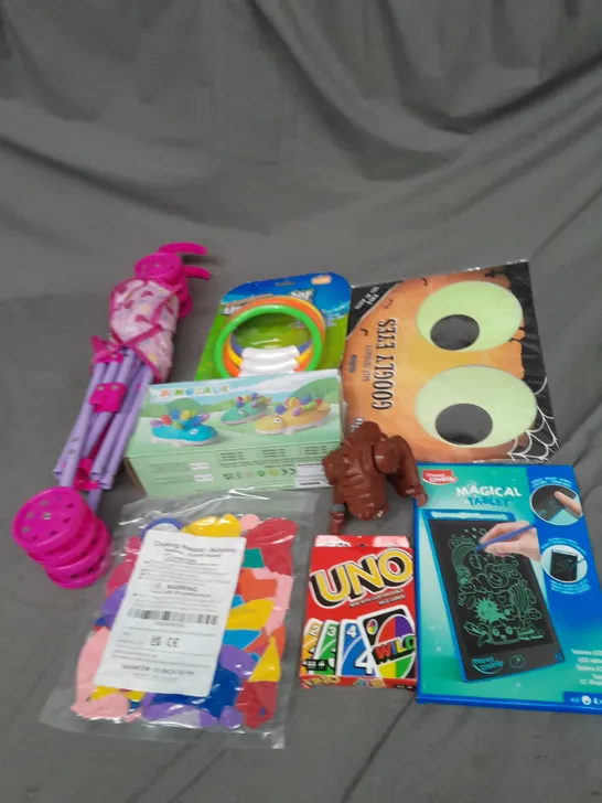 BOX OF ASSORTED TOYS AND GAMES TO INCLUDE UNO, BABYS PRAM AND BALLOON