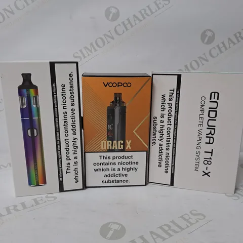 APPROXIMATELY 10 ASSORTED E-CIGARETTE PRODUCTS TO INCLUDE VOOPOO DRAG X, INNOKIN ENDURA T20 S, INNOKIN ENDURA T18-X 