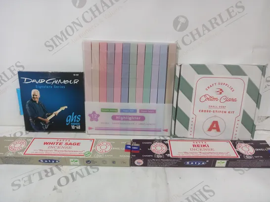 APPROXIMATELY 15 ASSORTED HOUSEHOLD ITEMS TO INCLUDE CROSS-STITCH KIT, HIGHLIGHTERS, DAVID GILMOUR GUITAR STRINGS, ETC