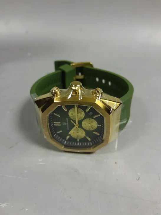 MENS LOUIS LACOMBE CHRONGRAPH WATCH – 3 SUB DIALS – GOLD COLOUR CASE – GREEN RUBBER STRAP