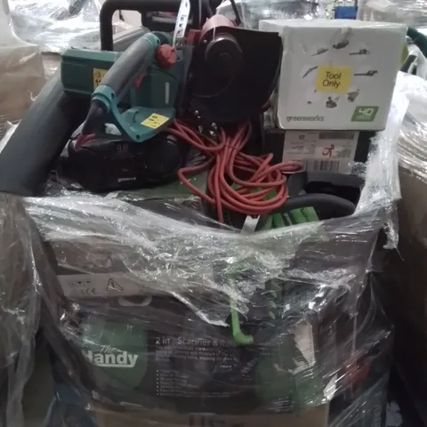 PALLET OF ASSORTED GARDENING TOOLS, INCLUDING, STRIMMERS, CHAIN SAWS, BLOWERS, SCARIFIER/RAKE