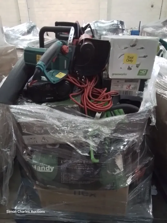 PALLET OF ASSORTED GARDENING TOOLS, INCLUDING, STRIMMERS, CHAIN SAWS, BLOWERS, SCARIFIER/RAKE