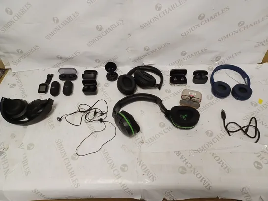 LOT OF APPROXIMATELY 10 UNBOXED AUDIO DEVICES TO INCLUDE SONY WIRELESS BUDS, JBL BLACK WIRELESS HEADPHONES, AND JABRA WIRELESS BUDS ETC. 