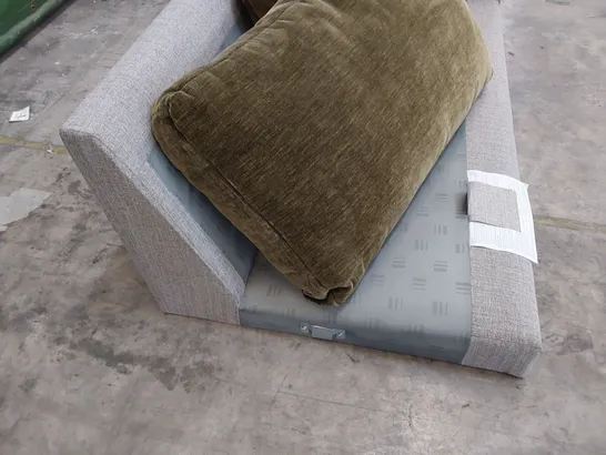 DESIGNER TWO SEATER SECTION GREY FABRIC & PAIR PLUSH GREEN FABRIC BACK CUSHIONS 