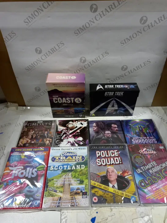 BOX OF APPROXIMATELY 10 ASSORTED DVDS TO INCLUDE STAR TREK ORIGINAL SERIES BOX SET, POLICE SQUAD, TROLLS ETC