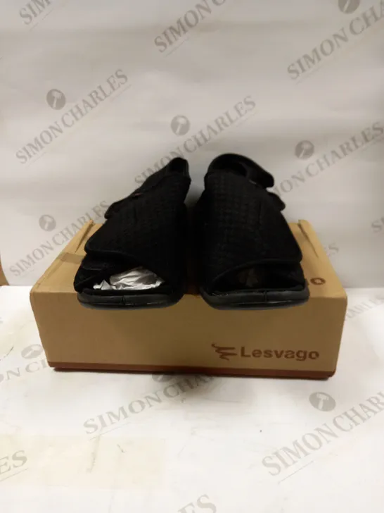 LESVAGO BLACK BREATHABLE OPEN TOE SHOES, UK SIZE 8