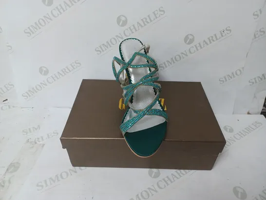 BOXED PAIR OF GEMZ LONDON HEELED STRAPPY SANDALS IN GREEN SIZE 41