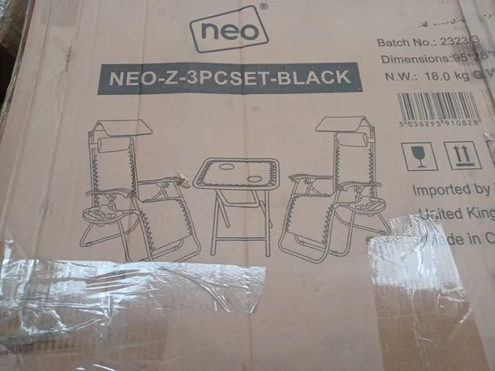 BOXED NEO BLACK FOLDING PORTABLE ZERO GRAVITY CHAIRS AND TABLE SET (1 BOX) - COLLECTION ONLY