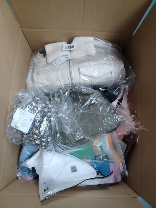 BOX OF ASSORTED CLOTHING ITEMS TO INCLUDE PYJAMAS, BOXERS, TRACKIES ETC 