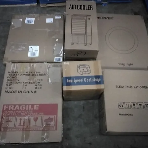 PALLET OF ASSORTED ITEMS INCLUDING AIR COOLER, ELECTRICAL PATIO HEATER, NEEWER RING LIGHT, LOW SPEED CENTRIFUGE, TICWELL GARMENT STEAMER, NAVARIS CORNER BREADBOX  