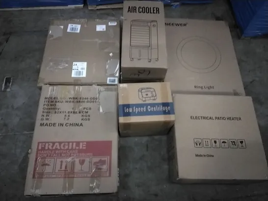 PALLET OF ASSORTED ITEMS INCLUDING AIR COOLER, ELECTRICAL PATIO HEATER, NEEWER RING LIGHT, LOW SPEED CENTRIFUGE, TICWELL GARMENT STEAMER, NAVARIS CORNER BREADBOX  