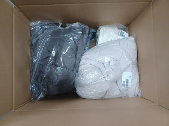 BOX OF APPROXIMATELY 10 ASSORTED BAGGED PIECES OF CLOTHING IN VARIOUS STYLES, SIZES, AND BRANDS 