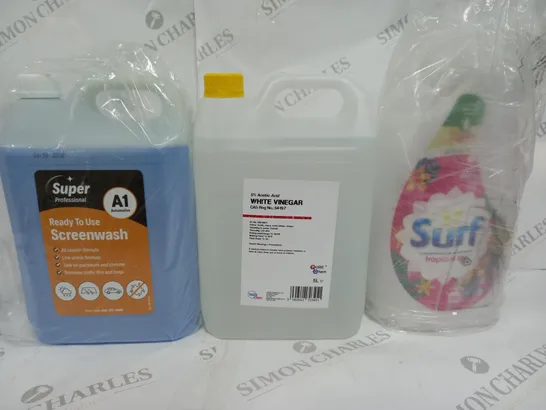 BOX OF APPROX 3 ASSORTED LIQUIDS TO INCLUDE - SURF LILY - WHITE VINEGAR - SUPER SCREEN WASH 