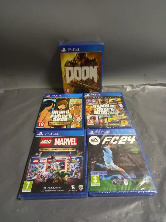 LOT OF 5 SEALED PS4 GAMES TO INCLUDE DOOM AND GRAND THEFT AUTO 18+