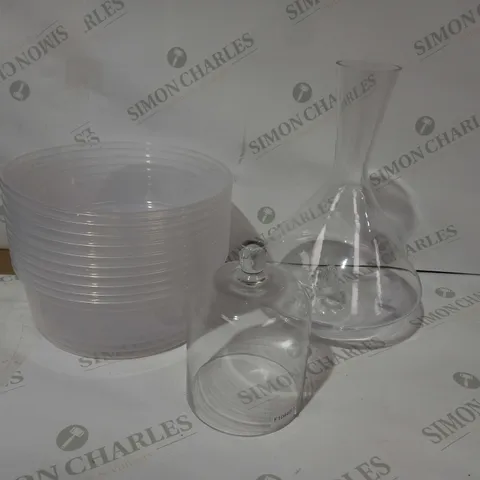 BOX OF APPROX 5 ITEMS TO INCLUDE TUPPERWARE BOWLS WITH LIDS, GLASS DECORATIV DECANTER AND SMALL SHELVING UNIT