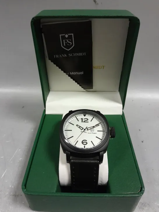 MENS FRANK SCHMIDT WATCH – LARGE BLACK CASE – WHITE PILOT DIAL – BLACK STRAP – 3ATM WATER RESISTANT 