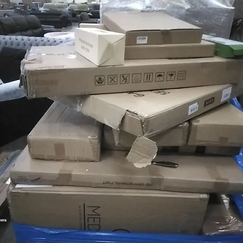 PALLET OF ASSORTED ITEMS TO INCLUDE A PROFESSIONAL 12 WAY STRETCHER, 3 DRAWER CABINET AND A PREMIUM COIR MOSS POLE SET 