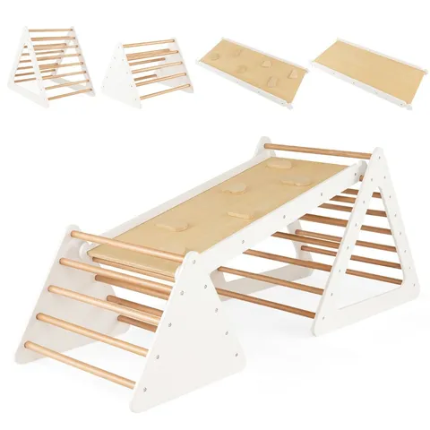 BOXED COSTWAY 3 IN 1 KIDS CLIMBING LADDER SET 2 TRIANGLE CLIMBERS WITH RAMP FOR SLIDING