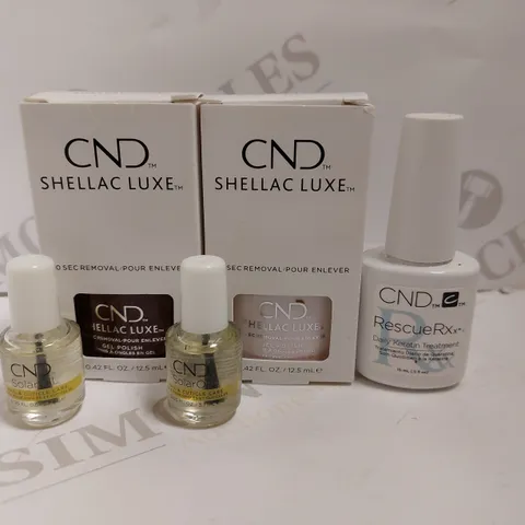 BOX OF 5 CND ITEMS TO INCLUDE SHELLAC LUXE, NAIL AND CUTICLE CARE AND RESCUE RXX DAILY KERATIN TREATMENT