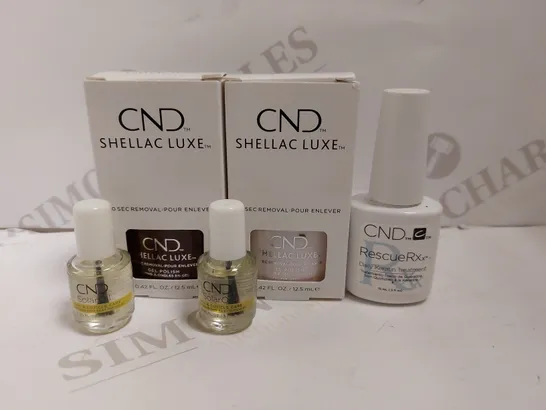 BOX OF 5 CND ITEMS TO INCLUDE SHELLAC LUXE, NAIL AND CUTICLE CARE AND RESCUE RXX DAILY KERATIN TREATMENT